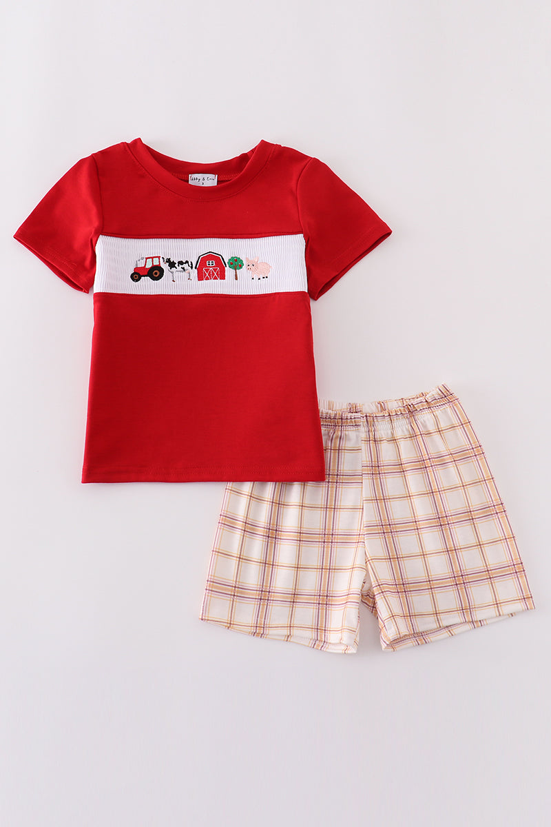 Khaki plaid shorts set with farm-themed embroidery, perfect for playful adventures.