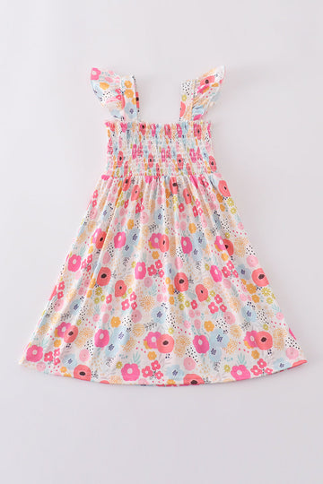 Pink floral print smocked dress with ruffled sleeves, perfect for spring outings.