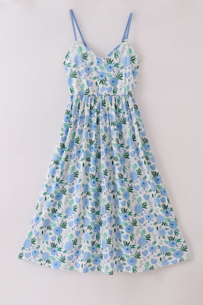 Whimsical floral mom dress with vibrant garden print, perfect for spring outings.