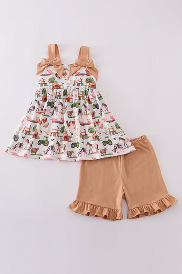 Khaki farm print bow girl set with playful animal patterns and matching headband.