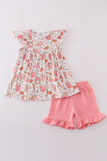 Pink baseball print girl set with playful patterns, perfect for sporty fun.