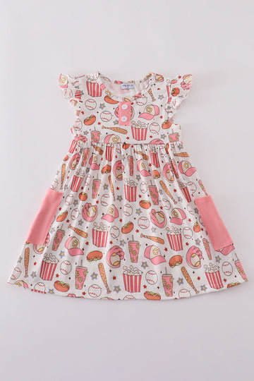 Pink girl dress with fun baseball print, perfect for playful outings.