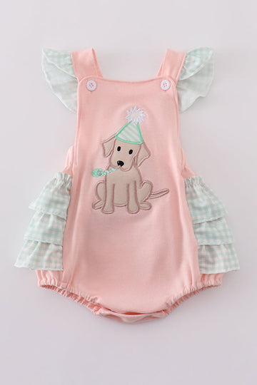 Pink bubble romper with a cute puppy birthday applique, perfect for girls.