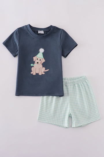 Navy two-piece set with adorable puppy birthday applique, perfect for boys.