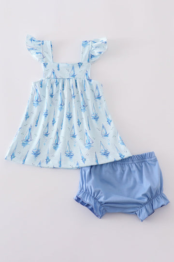 Blue sailboat print bloomer set for girls, perfect for summer adventures.