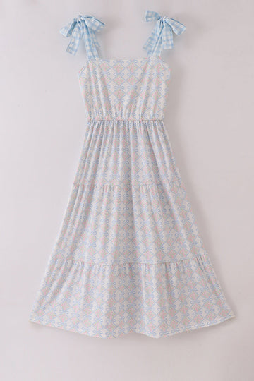 Plaid floral bow print mom tiered dress with vibrant colors and playful design.