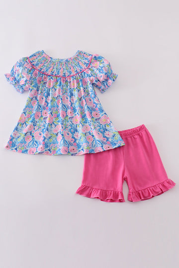 Blue blossom charm smocked girl set with floral pattern, perfect for spring outings.