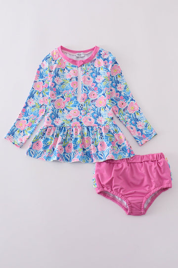 Blue blossom charm girl 2pc swimsuit with floral pattern, perfect for summer fun.