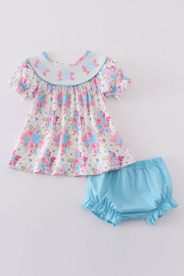 Blue petal meadow embroidery girl bloomer set with floral pattern, perfect for playtime.
