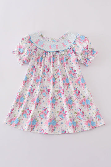 Blue petal meadow embroidery girl dress with floral pattern, perfect for spring occasions.