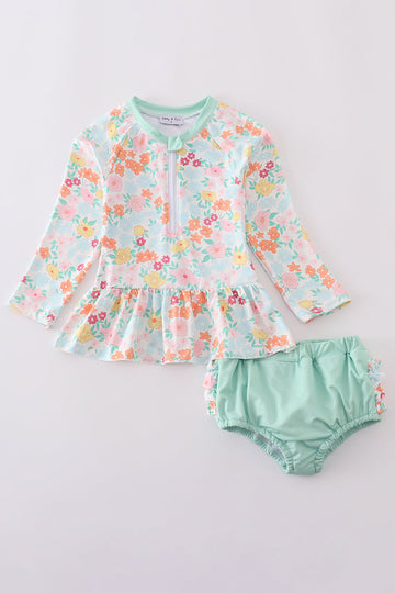 Green floral long sleeve swimsuit for girls, perfect for spring adventures.