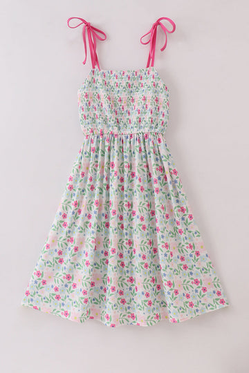 A charming floral-patterned smocked dress with puff sleeves, perfect for spring outings.