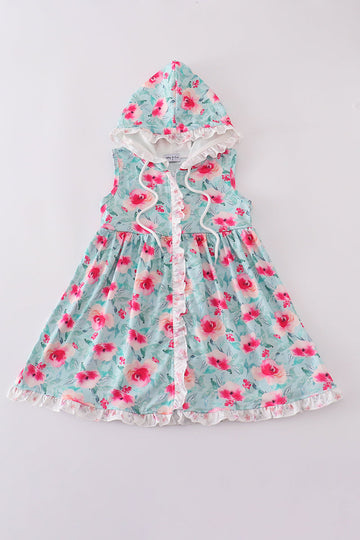 Blushing rose garden print girl hoodie coverup with vibrant floral design.