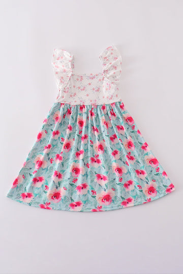 Blushing rose garden print girl dress with vibrant floral pattern, perfect for spring.