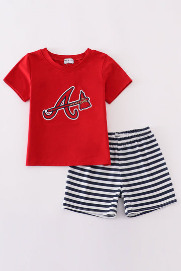 Red Georgia Atlanta Braves applique boy shorts set with baseball-themed design.