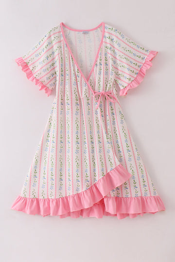 Pink floral print mom ruffle dress with playful blooms and soft ruffles.