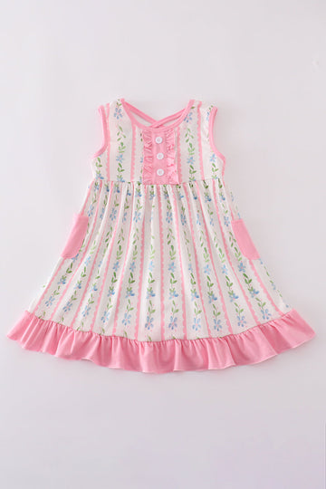 Pink floral print girl ruffle dress with short sleeves and a twirl-ready skirt.