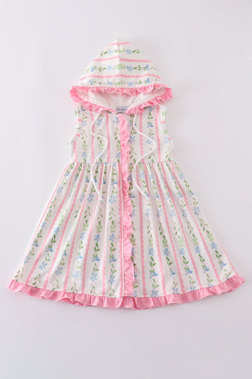 Pink floral ruffle hoodie dress for girls, perfect for playful spring days.