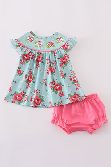 Adorable Rosebud Bliss print smocked bloomer set with delicate floral pattern.
