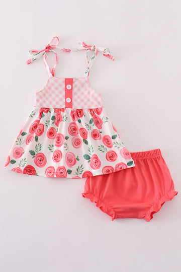 Pink floral print bloomer set for girls with ruffled sleeves, perfect for spring.