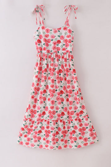 Pink floral print mom dress with playful blooms, perfect for spring outings.