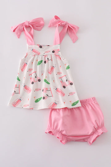 Adorable pink bloomer set with playful golf-themed print, perfect for toddlers.