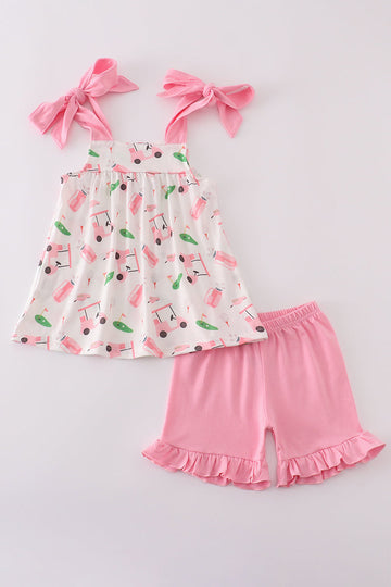 Pink golf print set with playful golf-themed patterns for kids' casual wear.
