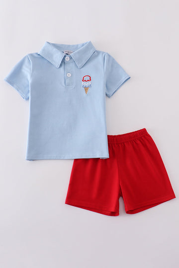 Blue ice cream embroidery set: cozy kids' outfit with playful ice cream design.