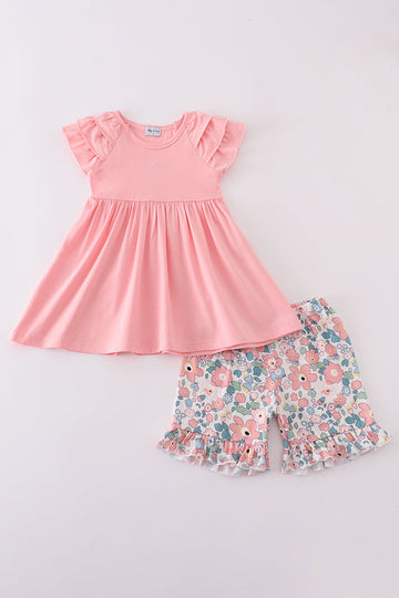 Pink summer floral print set featuring a breezy top and matching shorts.