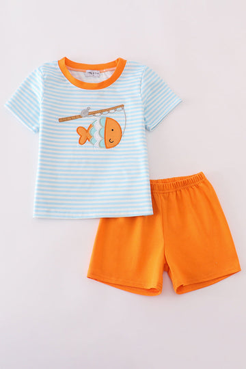 Children's blue striped outfit with playful fishing applique, perfect for outdoor adventures.