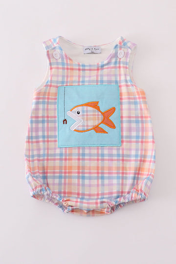 Blue plaid bubble romper with playful fish embroidery, perfect for summer fun.
