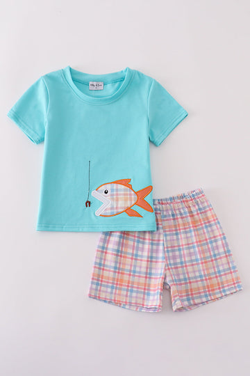 Blue plaid fish embroidery set: cozy shirt and shorts with playful ocean theme.