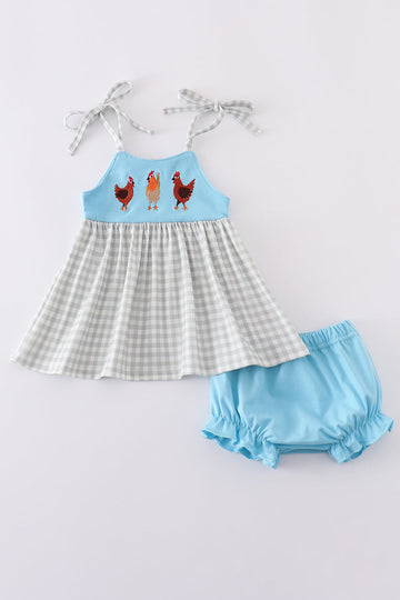 Blue farm chicken embroidery bloomer set with ruffled sleeves and playful farm theme.