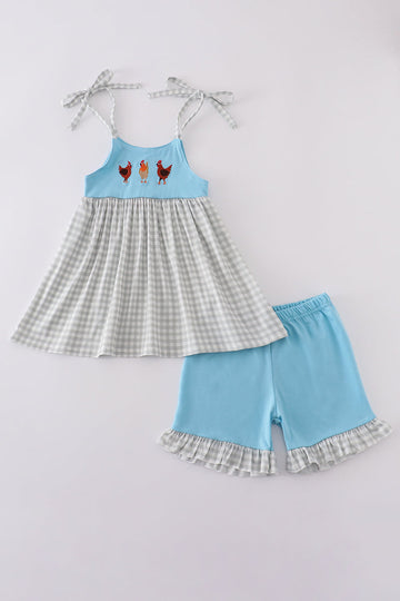 Blue farm chicken embroidery short set with playful farm-themed design for kids.