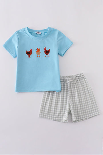 Blue farm-themed set with chicken embroidery, perfect for playful, everyday wear.
