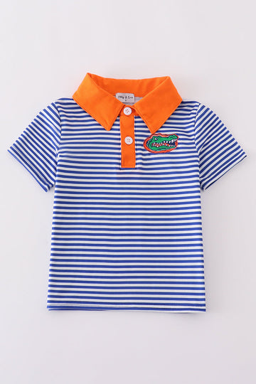 Blue striped button-down shirt with Florida Gators embroidery, perfect for kids' game day.