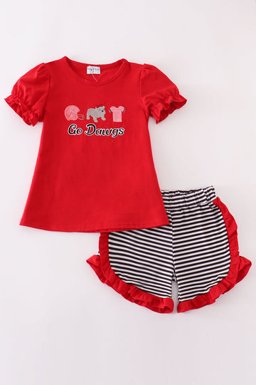 Red Georgia "Go Dawgs" embroidered kids' shirt with playful sports-themed design.