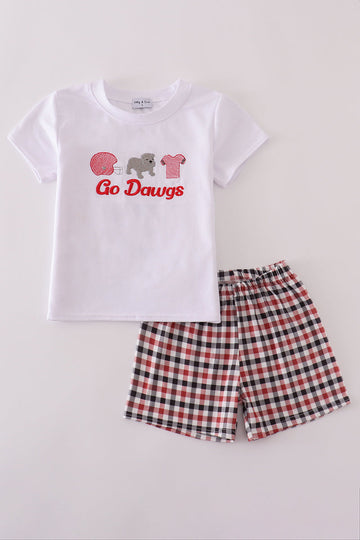 White toddler outfit with "Go Dawgs" embroidery and playful Georgia-themed design.