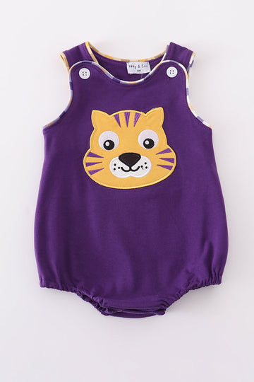 Purple gold LSU applique bubble romper with playful ruffles and cozy fit.