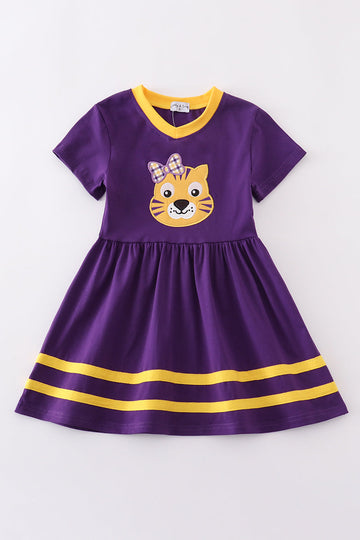 Purple gold LSU applique dress with ruffled sleeves, perfect for game day fun.