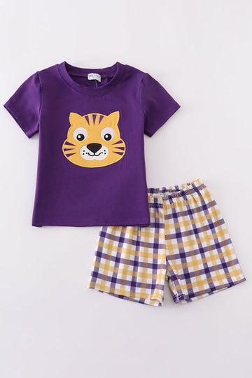 Purple gold LSU applique set: cozy purple sweatshirt and matching joggers with LSU logo.