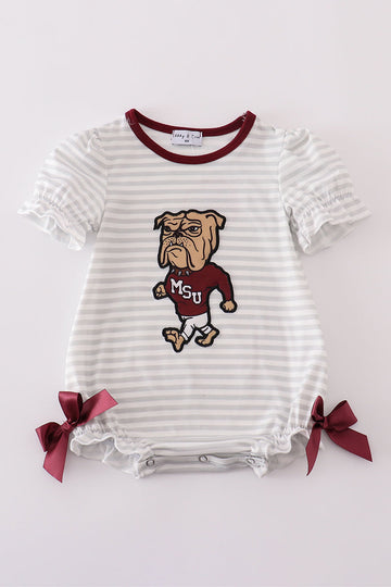 Maroon Mississippi applique stripe bubble romper with playful stripes and state design.