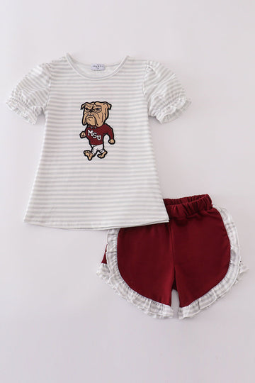 Maroon Mississippi applique stripe set with cozy long sleeves and playful stripes.