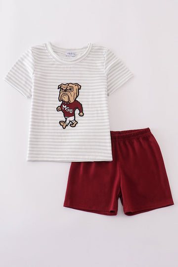 Maroon Mississippi applique stripe set with cozy long sleeves and playful stripes.