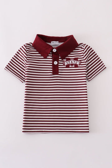 Maroon button-down shirt with Mississippi embroidery, perfect for playful adventures.