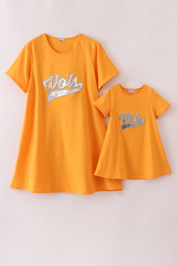 Orange Tennessee Volunteers glitter dress for kids, featuring a sparkly, playful design.