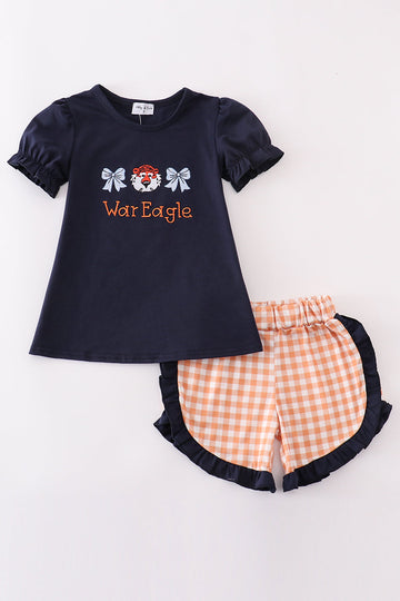 Navy Auburn War Eagle embroidery set with playful mascot design for kids.