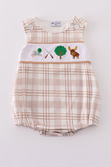 Khaki bubble romper with playful hunting embroidery, perfect for outdoor adventures.