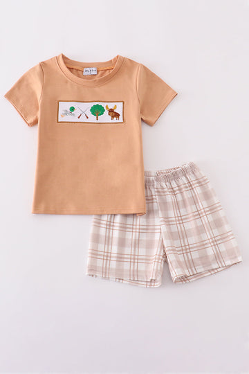 Khaki hunting-themed embroidered set with playful animals, perfect for adventurous kids.
