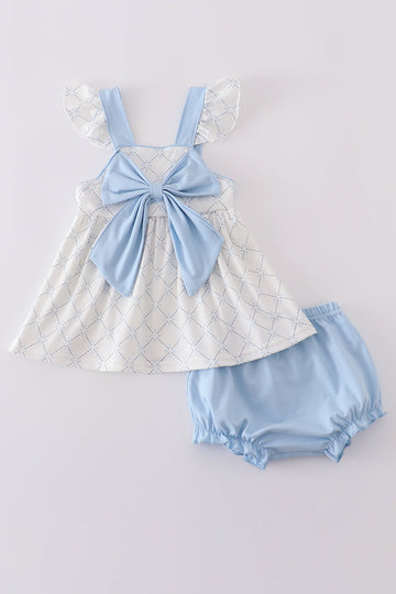 Blue bow classic lattice charm bloomer set with a playful checkered pattern.